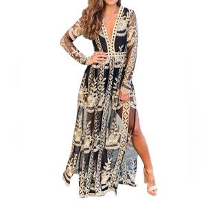 Embroidered Resort Wear Elevated Boho Sheer Dress with Inner shorts Small